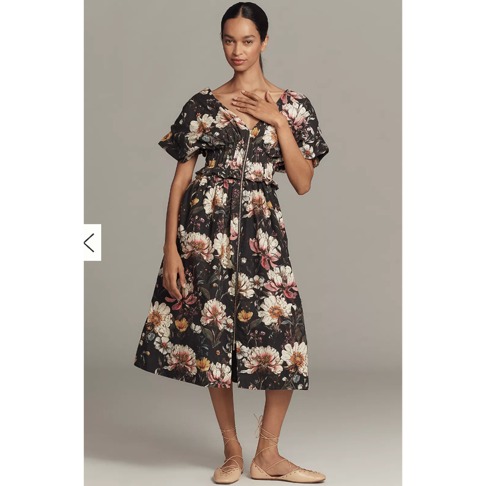 Anthropologie V-Neck Zip-Front Midi Dress Small NEW